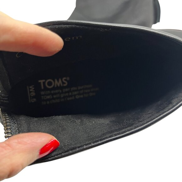 TOMS BLACK LEATHER HEEL ANKLE BOOTS 6.5 WOMENS BACK  ZIP TASSEL BOOTIES WOOD HEE - Picture 11 of 16